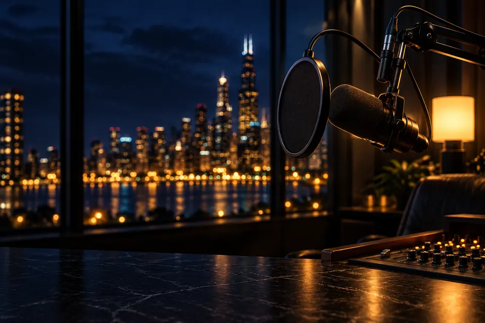 Mikrofon w studiu radiowym w Chicago nocą